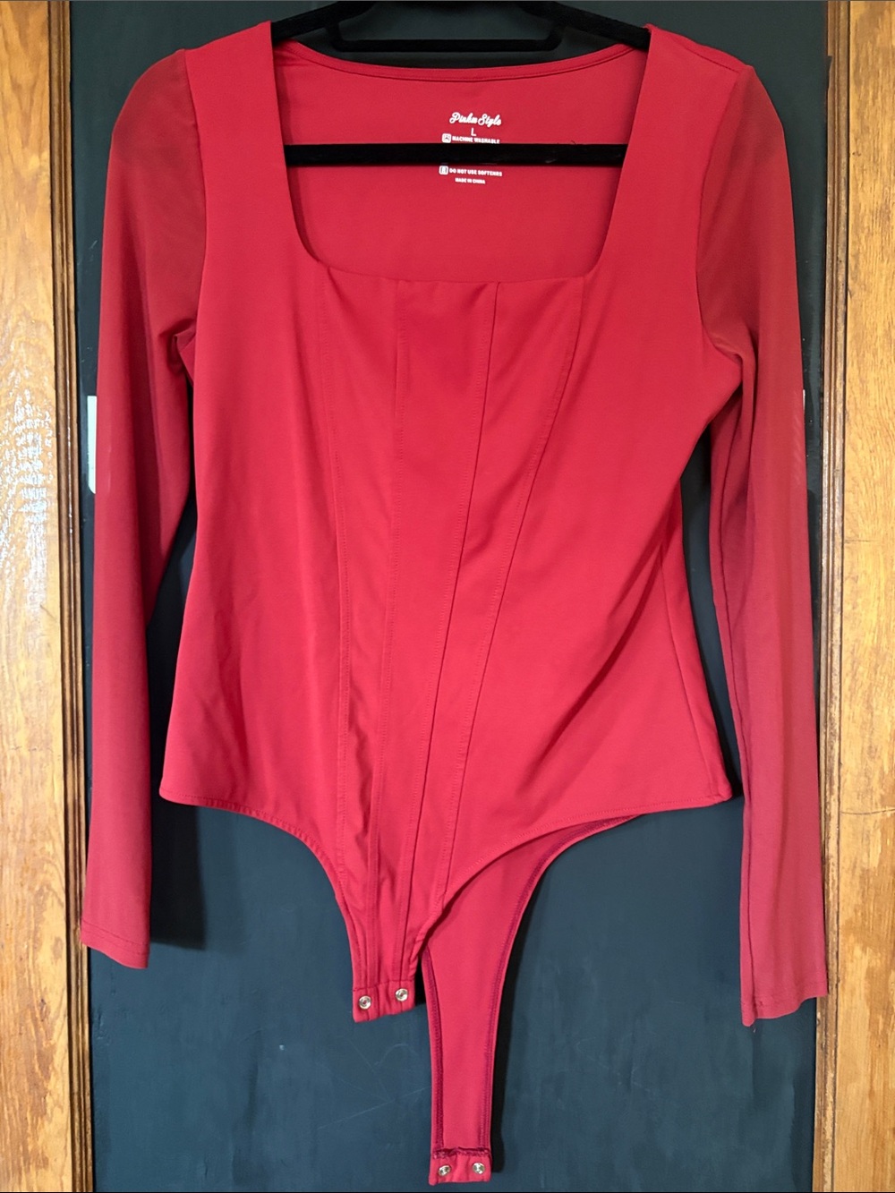 Red Long-Sleeve Square-Neck Bodysuit